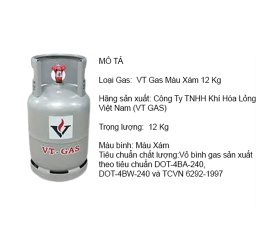 BÌNH GAS VT-GAS 12KG MÀU XÁM 