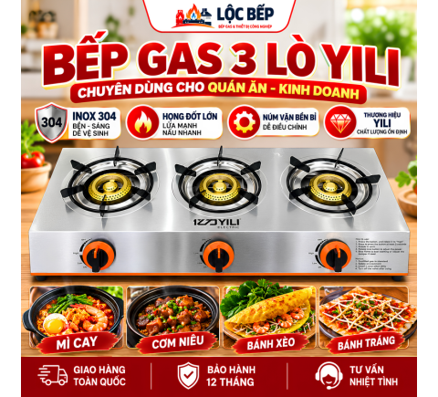 Bếp Gas 3 Họng YiLi 3H Nấu Mì Cay, Cơm Niêu, Quán Ăn