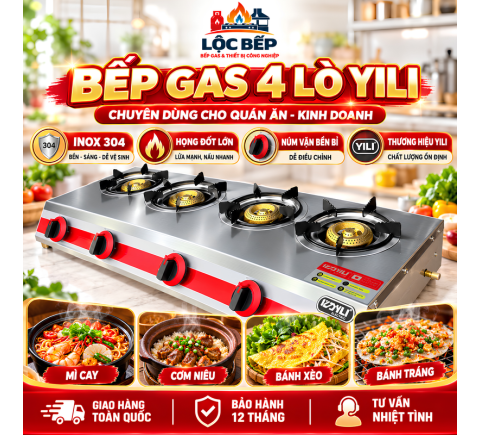 Bếp Gas 4 Họng YiLi 4H Inox – Nấu Mì Cay, Cơm Niêu, Quán Ăn