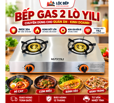 Bếp Gas Đôi YiLi 2H Inox 2 Họng Cho Quán Ăn, Mì Cay, Cơm Niêu